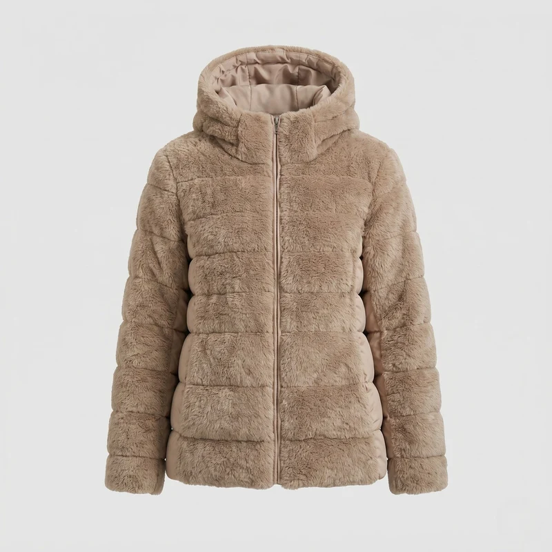 Damen kurze gesteppte Teddyjacke mit Kapuze und gepolsterten Seitenpaneelen