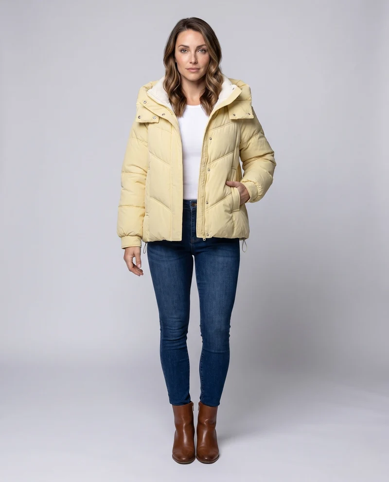 Damen Nano Kurz Steppjacke mit abnehmbarer Kapuze, ergonomischer Chevron-Steppung und verdecktem Reißverschluss