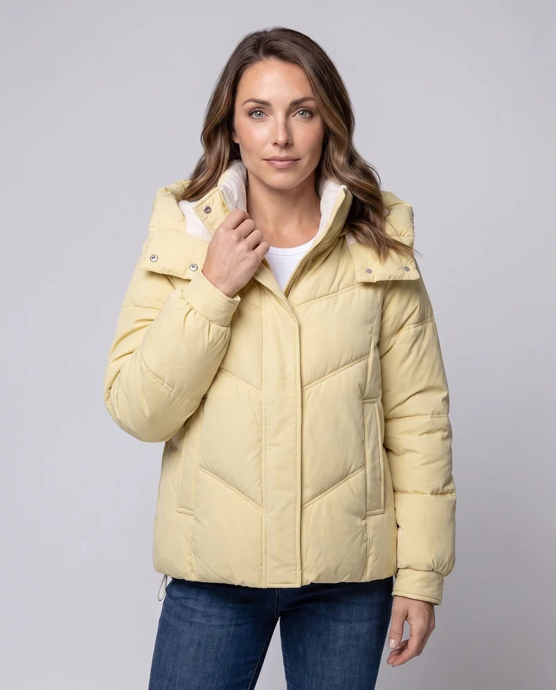 Damen Nano Kurz Steppjacke mit abnehmbarer Kapuze, ergonomischer Chevron-Steppung und verdecktem Reißverschluss
