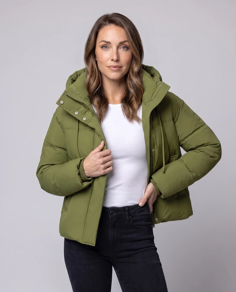 Damen kurze gesteppte Thermojacke mit hochschließendem Stehkragen, verstellbarem Saum und verdeckter Frontklappe