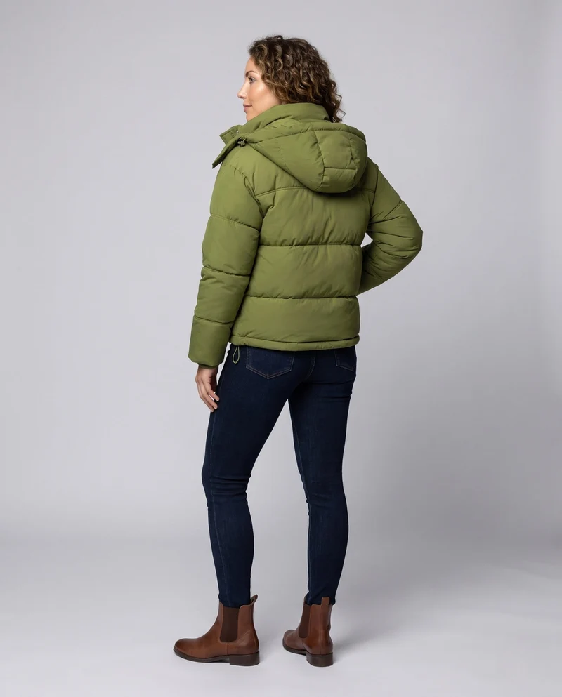 Damen kurze gesteppte Thermojacke mit hochschließendem Stehkragen, verstellbarem Saum und verdeckter Frontklappe