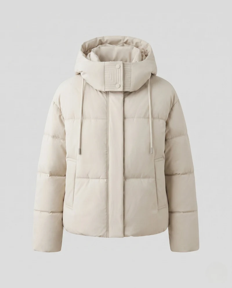 Damen kurze gesteppte Thermojacke mit hochschließendem Stehkragen, verstellbarem Saum und verdeckter Frontklappe