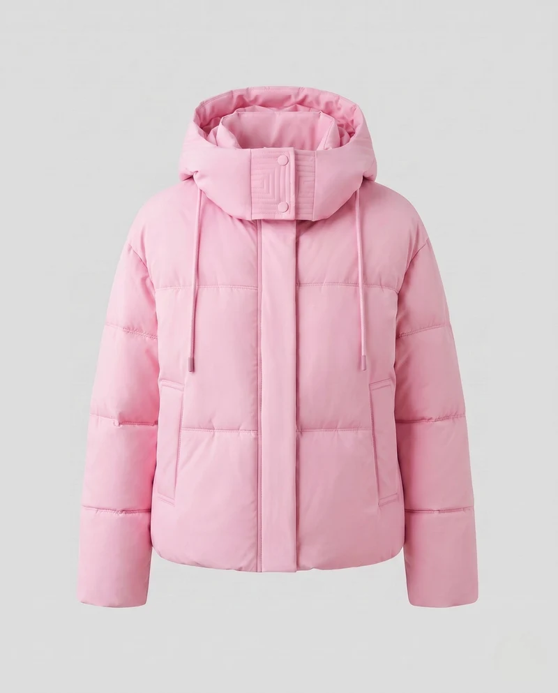 Damen kurze gesteppte Thermojacke mit hochschließendem Stehkragen, verstellbarem Saum und verdeckter Frontklappe