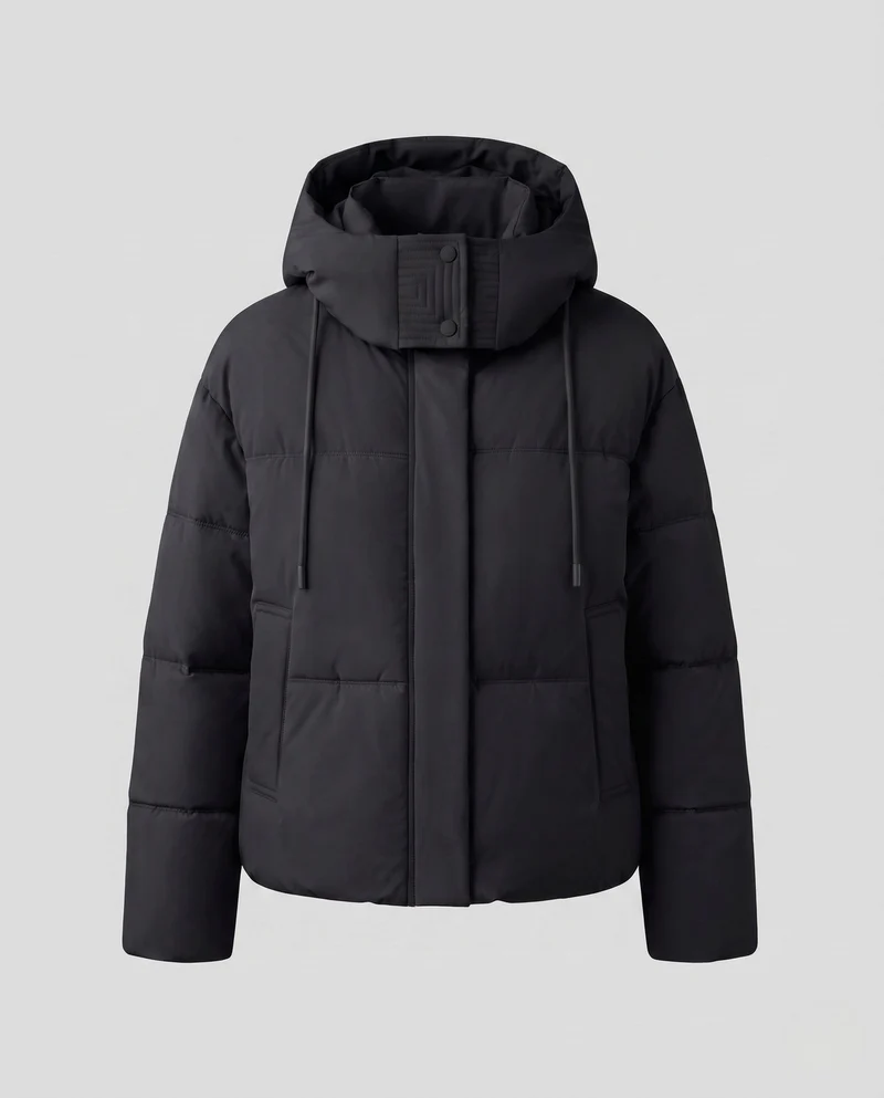 Damen kurze gesteppte Thermojacke mit hochschließendem Stehkragen, verstellbarem Saum und verdeckter Frontklappe