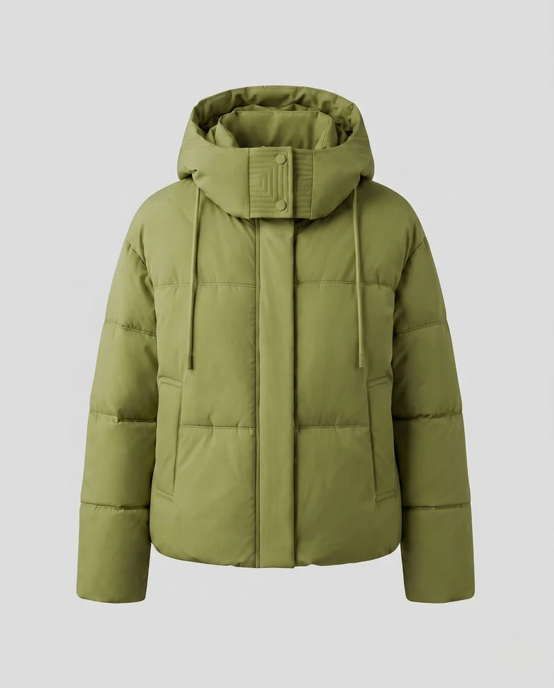 Damen kurze gesteppte Thermojacke mit hochschließendem Stehkragen, verstellbarem Saum und verdeckter Frontklappe