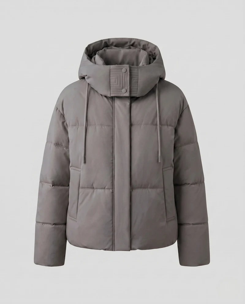 Damen kurze gesteppte Thermojacke mit hochschließendem Stehkragen, verstellbarem Saum und verdeckter Frontklappe