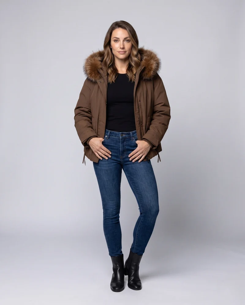 Damen kurze Isolationsjacke im boxy Schnitt mit voluminösem Kunstfellbesatz und funktionalen Klappentaschen