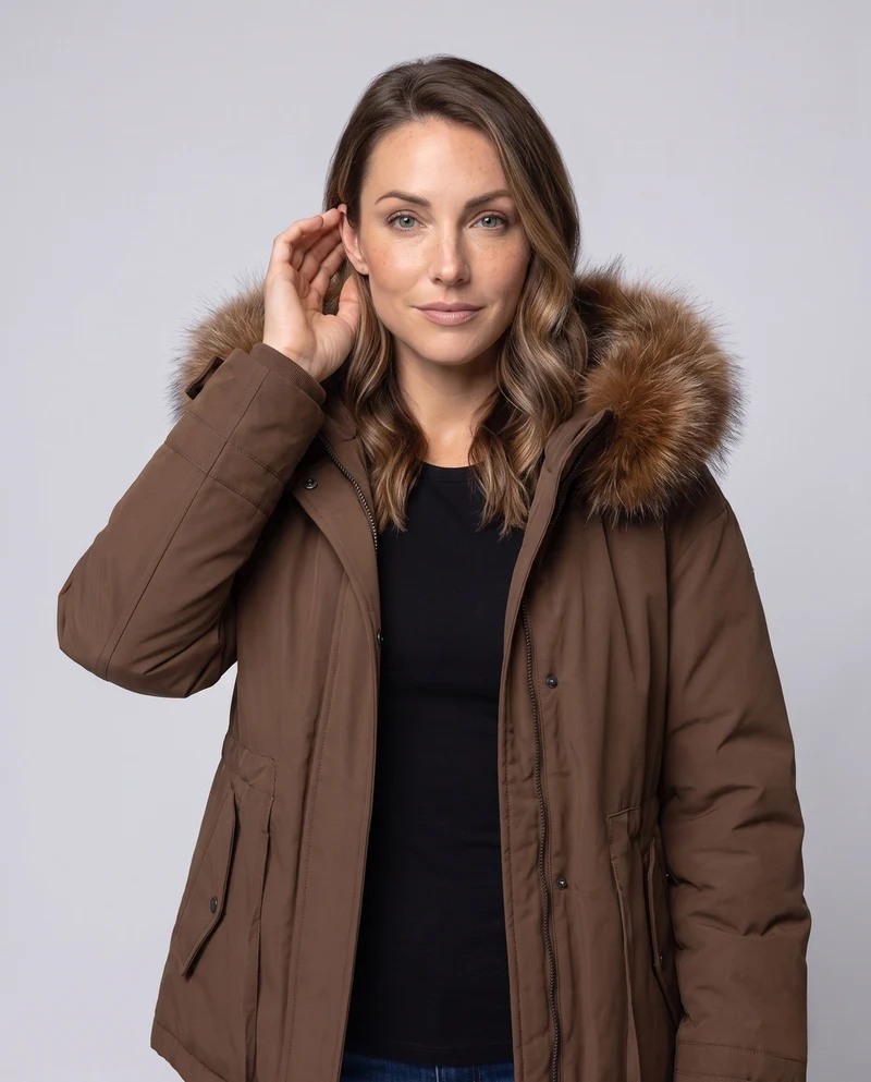 Damen kurze Isolationsjacke im boxy Schnitt mit voluminösem Kunstfellbesatz und funktionalen Klappentaschen