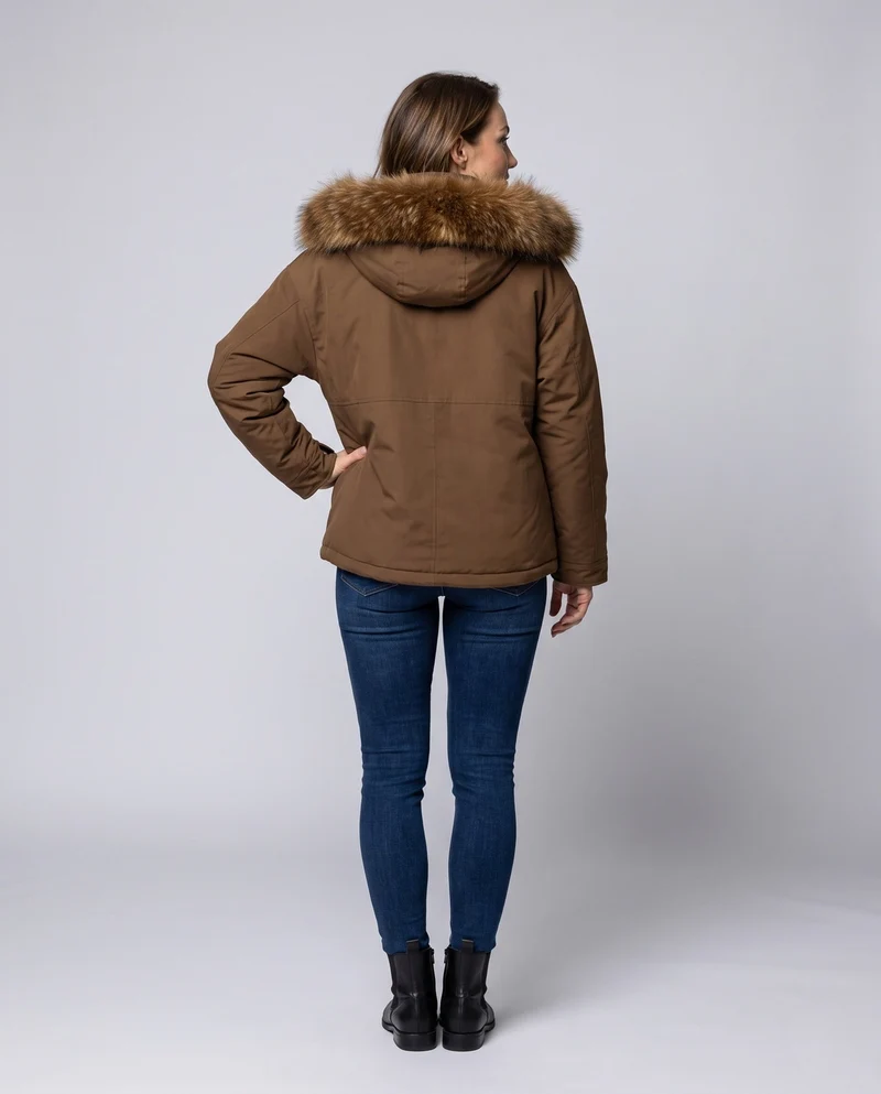 Damen kurze Isolationsjacke im boxy Schnitt mit voluminösem Kunstfellbesatz und funktionalen Klappentaschen