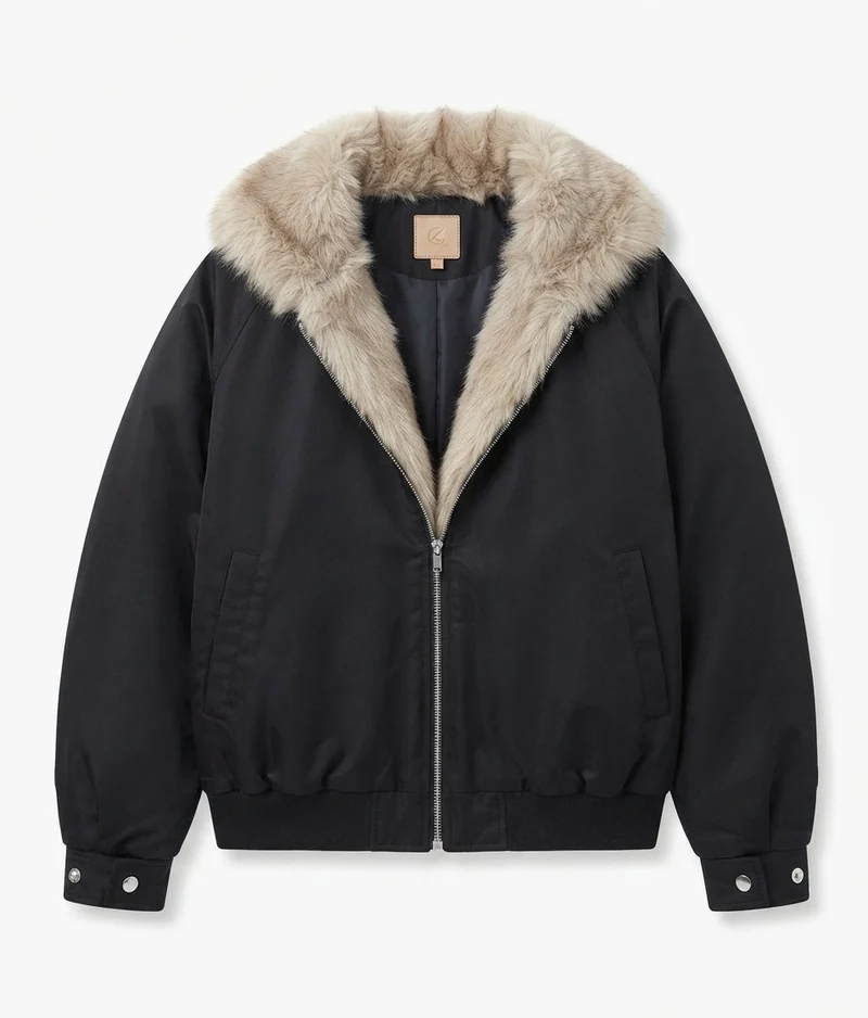 Damen kurze Fake-Fur-Bomberjacke mit kontrastierenden Bündchen