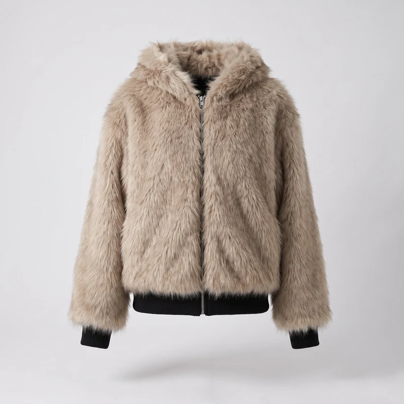 Damen kurze Fake-Fur-Bomberjacke mit kontrastierenden Bündchen