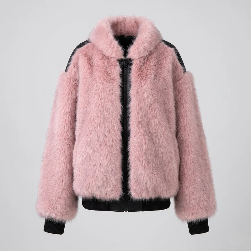 Damen kurze Fake-Fur-Bomberjacke mit kontrastierenden Bündchen