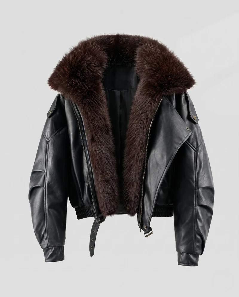 Damen kurze Leder Bikerjacke mit voluminösem Kunstfellkragen und tailliertem Bund