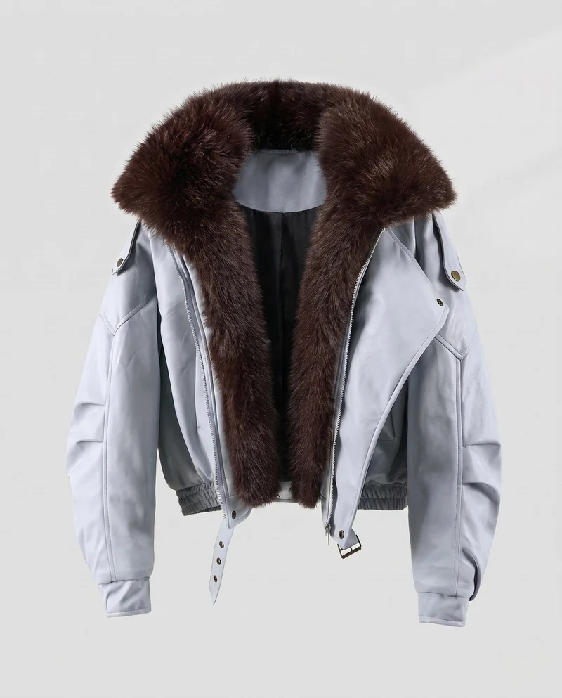 Damen kurze Leder Bikerjacke mit voluminösem Kunstfellkragen und tailliertem Bund