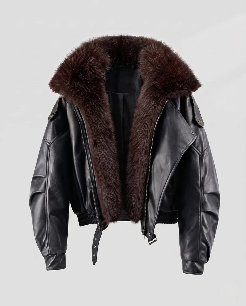 Damen kurze Leder Bikerjacke mit voluminösem Kunstfellkragen und tailliertem Bund