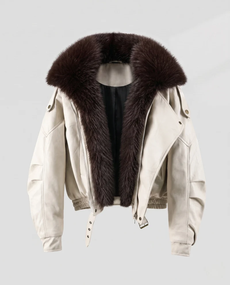 Damen kurze Leder Bikerjacke mit voluminösem Kunstfellkragen und tailliertem Bund