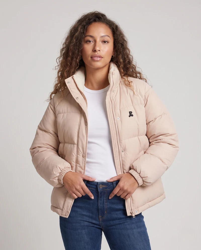 Damen kurze oversized gesteppte Jacke mit hochschließendem Kragen und verdeckter Druckknopfleiste