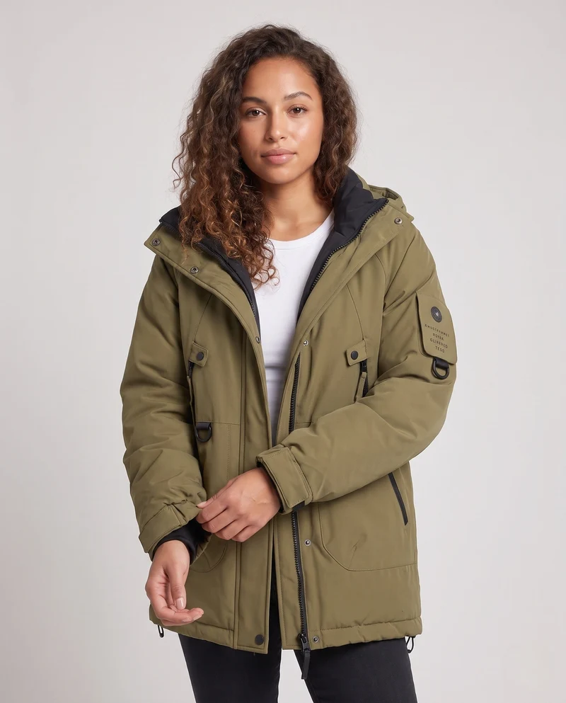 Damen Nan Kurz Oversized Gepolsterte Kapuzenjacke mit Arm-Tasche, Winddichte Membran und Reißverschluss-Taschen