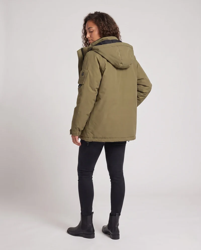 Damen Nan Kurz Oversized Gepolsterte Kapuzenjacke mit Arm-Tasche, Winddichte Membran und Reißverschluss-Taschen