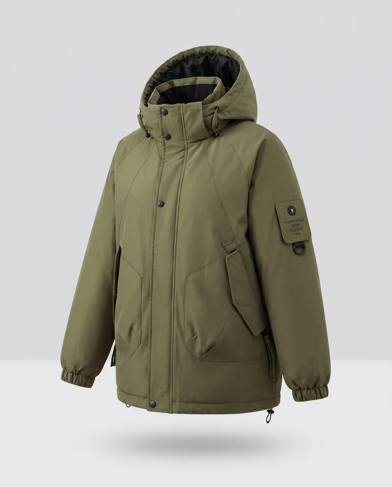 Damen Nan Kurz Oversized Gepolsterte Kapuzenjacke mit Arm-Tasche, Winddichte Membran und Reißverschluss-Taschen
