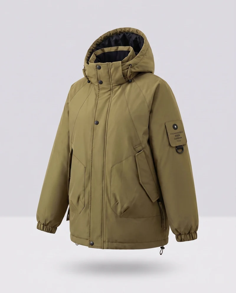 Damen Nan Kurz Oversized Gepolsterte Kapuzenjacke mit Arm-Tasche, Winddichte Membran und Reißverschluss-Taschen