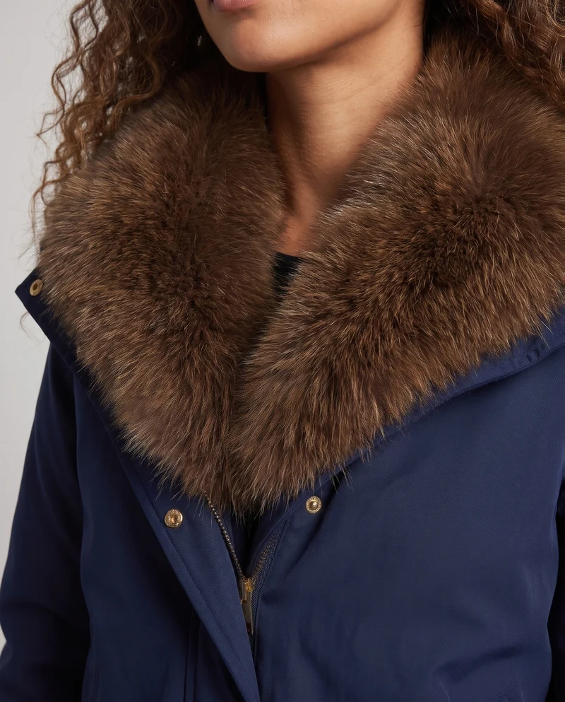 Damen kurze gestepfte Jacke mit voluminösem Pelzkragen, Reißverschluss-Brusttasche und elastischen Bündchen