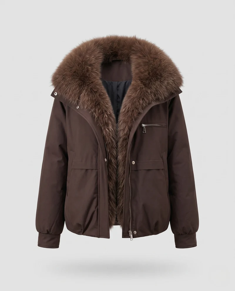 Damen kurze gestepfte Jacke mit voluminösem Pelzkragen, Reißverschluss-Brusttasche und elastischen Bündchen