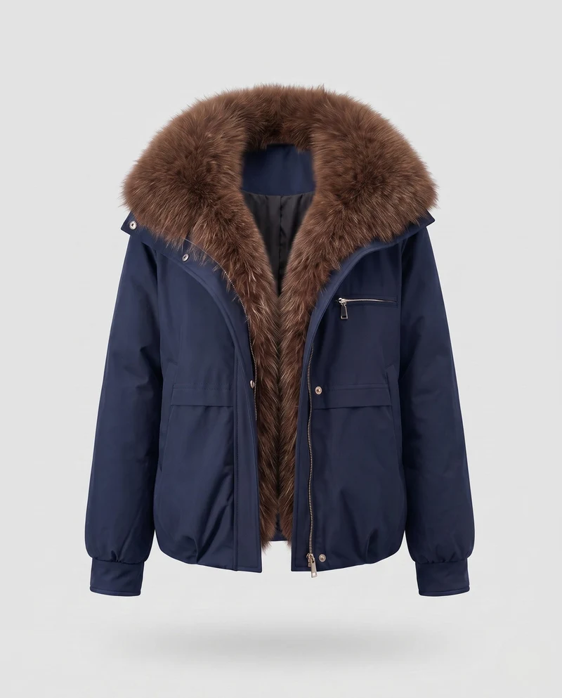 Damen kurze gestepfte Jacke mit voluminösem Pelzkragen, Reißverschluss-Brusttasche und elastischen Bündchen