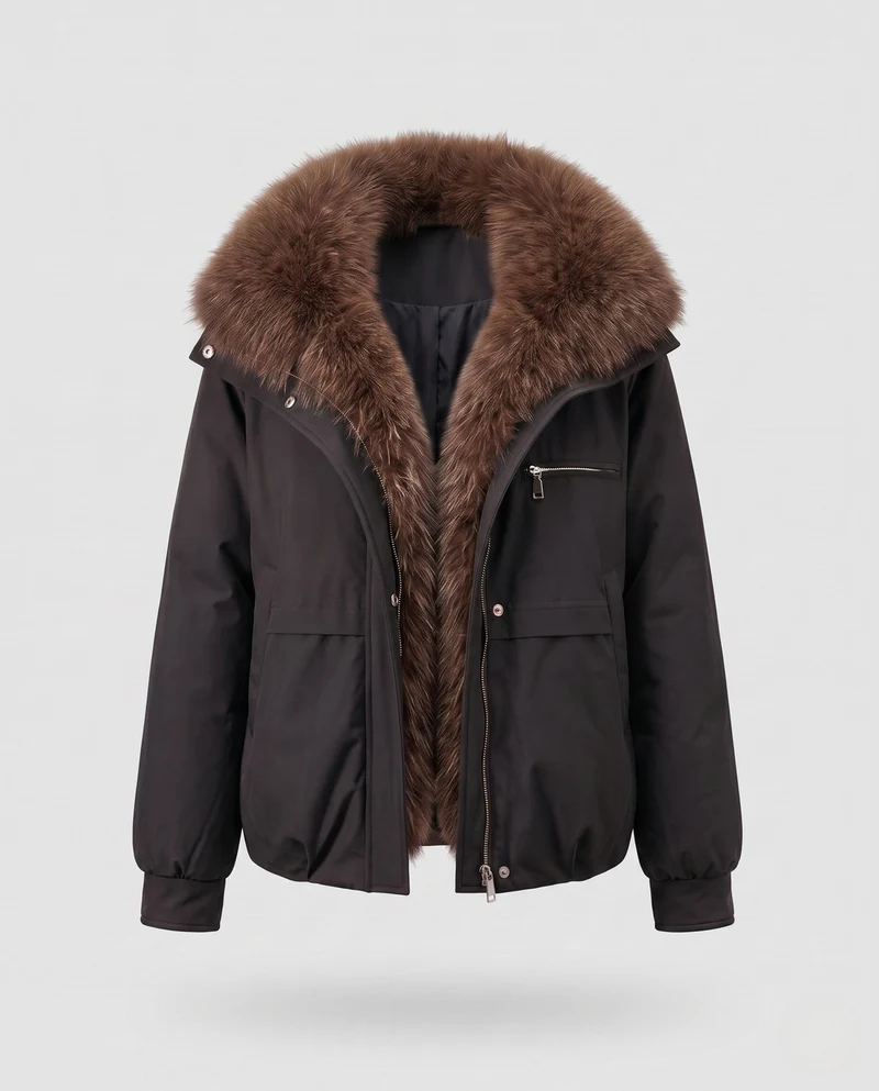 Damen kurze gestepfte Jacke mit voluminösem Pelzkragen, Reißverschluss-Brusttasche und elastischen Bündchen