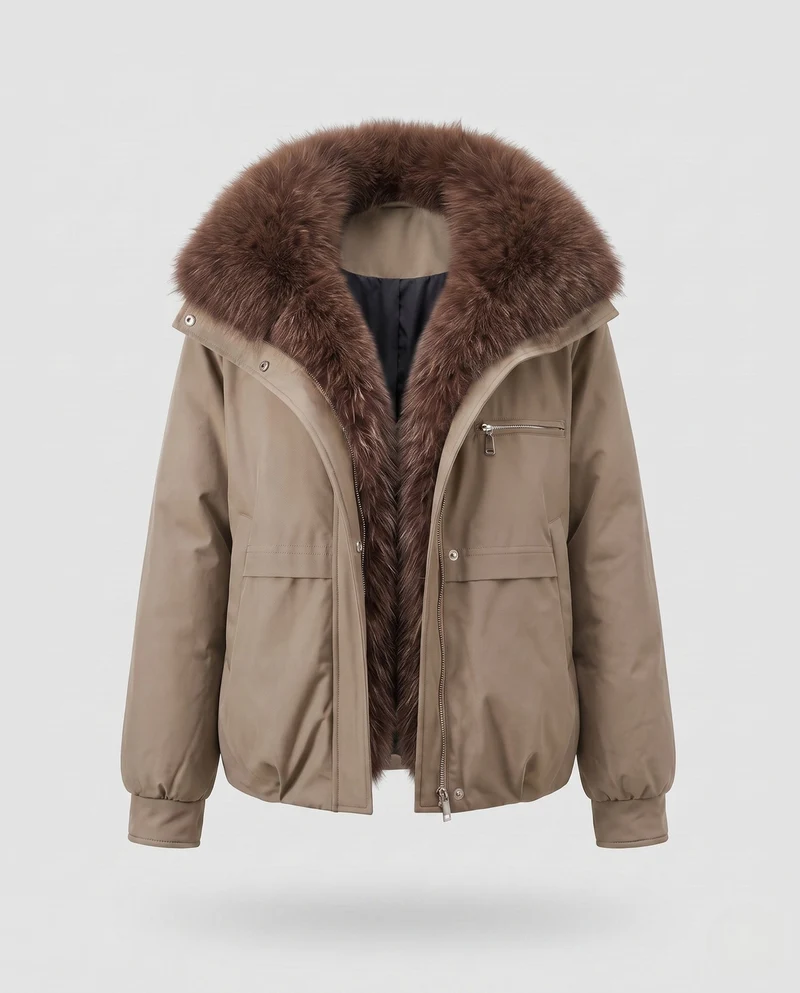 Damen kurze gestepfte Jacke mit voluminösem Pelzkragen, Reißverschluss-Brusttasche und elastischen Bündchen