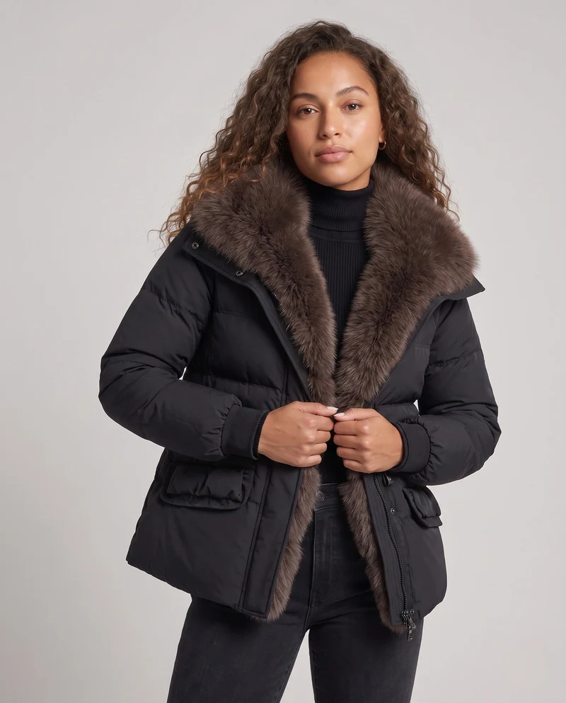 Damen kurze gesteppte Jacke mit voluminösem Kunstfellkragen und dekorativen Rüschentaschen