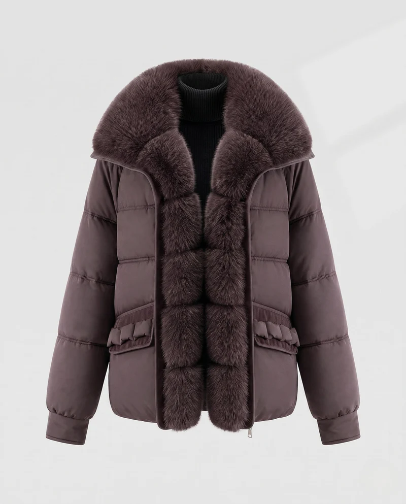 Damen kurze gesteppte Jacke mit voluminösem Kunstfellkragen und dekorativen Rüschentaschen