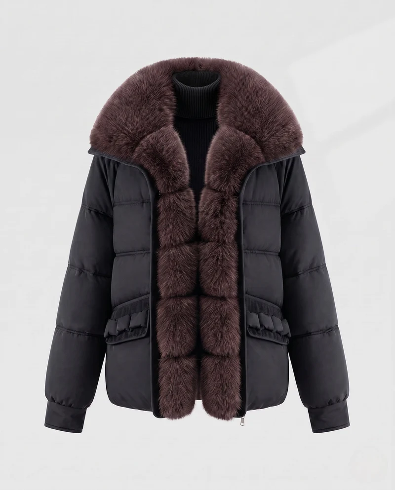 Damen kurze gesteppte Jacke mit voluminösem Kunstfellkragen und dekorativen Rüschentaschen
