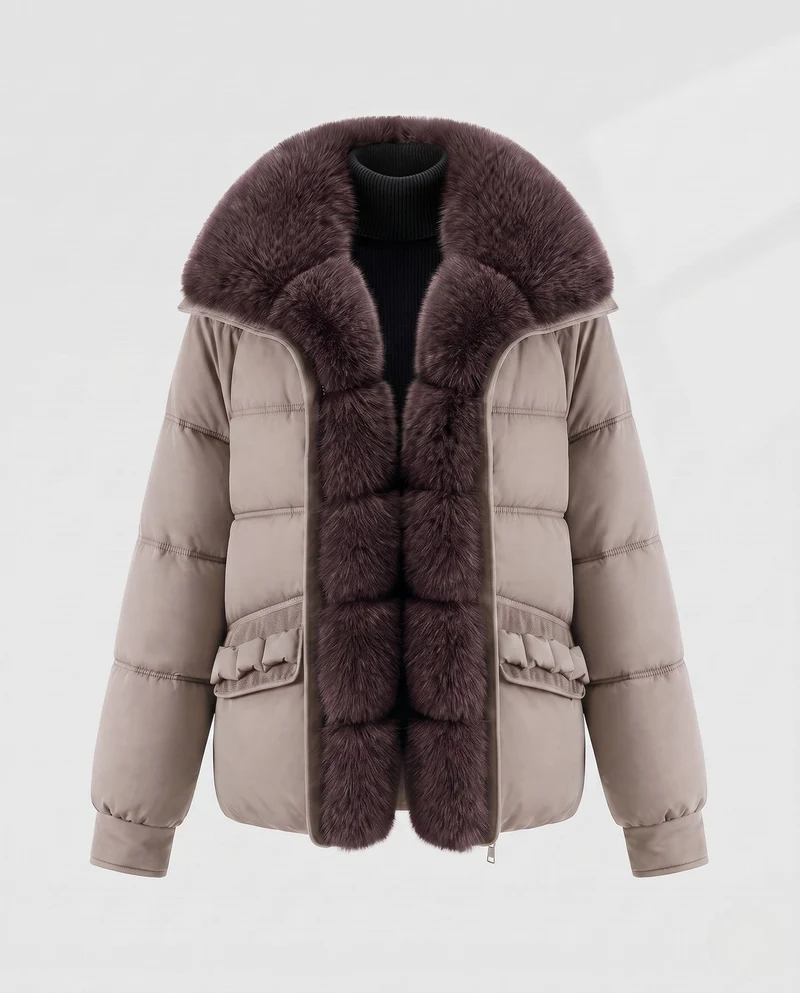 Damen kurze gesteppte Jacke mit voluminösem Kunstfellkragen und dekorativen Rüschentaschen