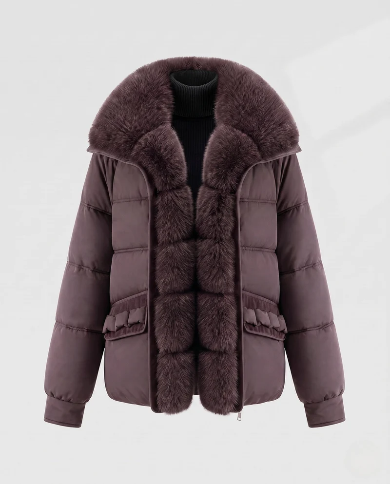 Damen kurze gesteppte Jacke mit voluminösem Kunstfellkragen und dekorativen Rüschentaschen
