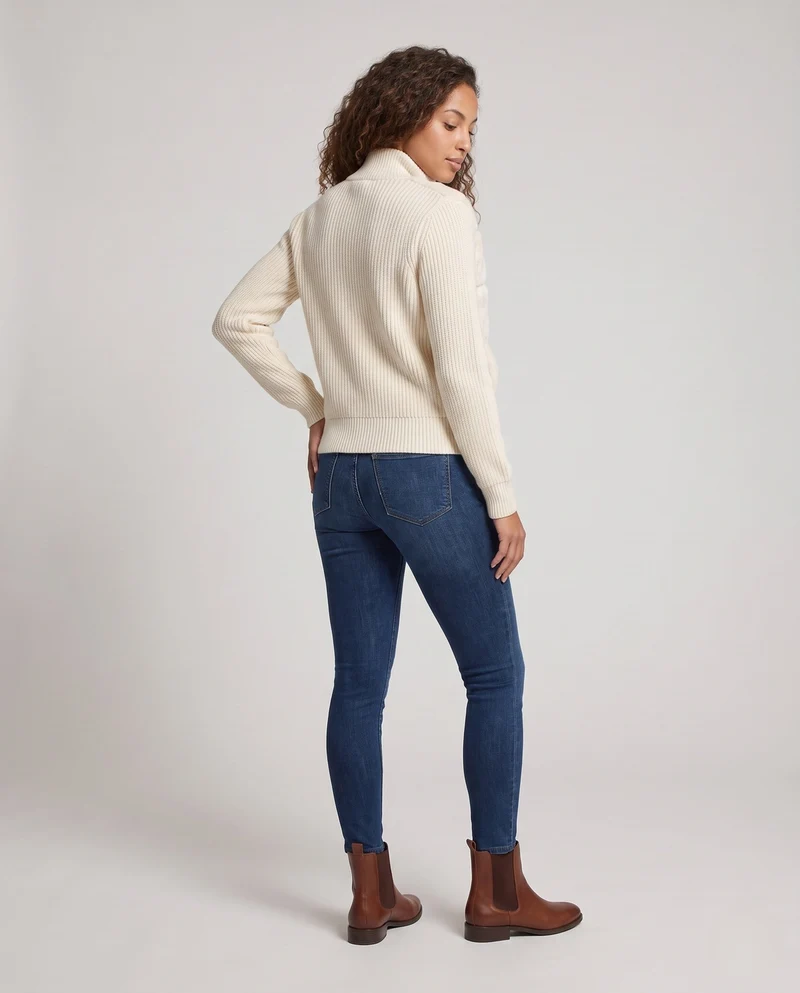 Damen kurzer Cardigan mit kontrastierendem Kunstfell vorne, Reißverschluss und hohem Stehkragen