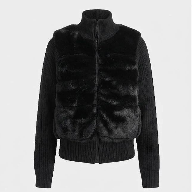 Damen kurzer Cardigan mit kontrastierendem Kunstfell vorne, Reißverschluss und hohem Stehkragen