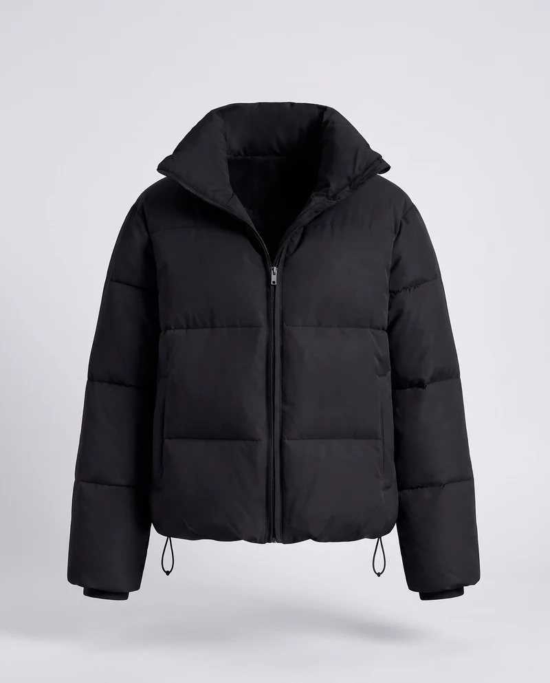 Damen nan kurze thermische Pufferjacke mit hohem Polokragen und internem Kordelzug