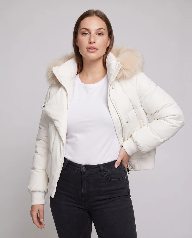 Damen kurze Thermo Boxy-Jacke mit hohem Schal-Kragen und abnehmbarem Kapuzenbesatz