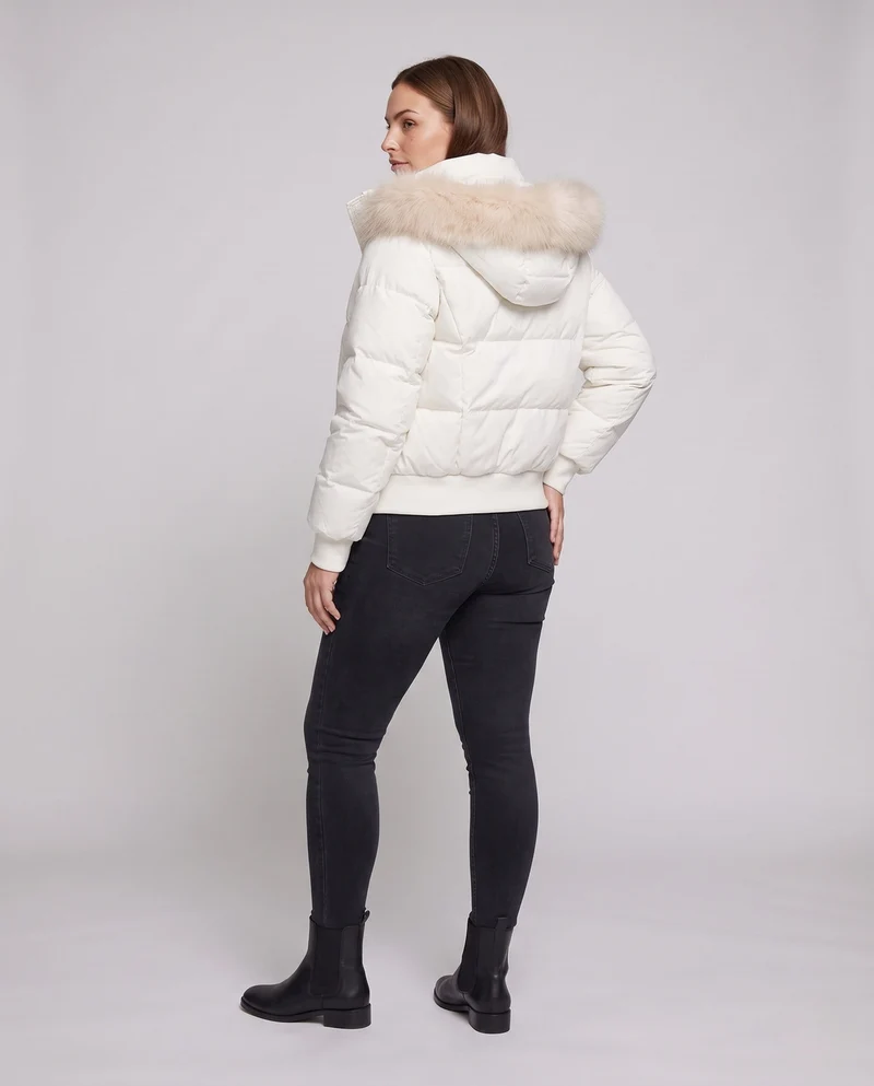Damen kurze Thermo Boxy-Jacke mit hohem Schal-Kragen und abnehmbarem Kapuzenbesatz