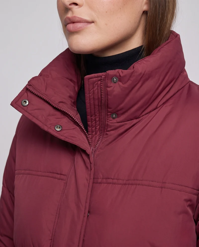 Damen kurz vegane boxy Pufferjacke mit asymmetrischen Klappenpatzentaschen und hohem Kragen