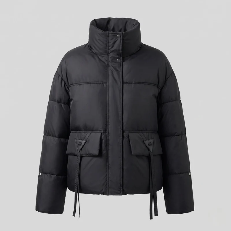 Damen kurz vegane boxy Pufferjacke mit asymmetrischen Klappenpatzentaschen und hohem Kragen