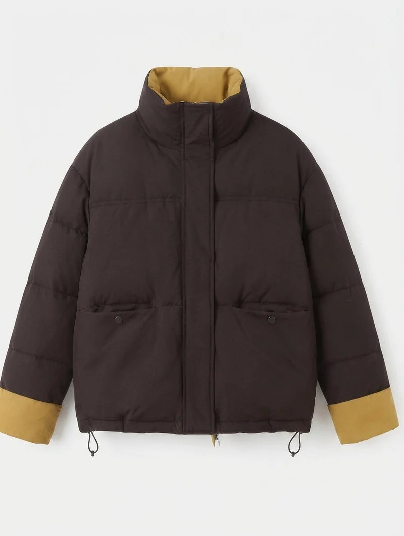 Damen kurze gepolsterte boxy Jacke mit Stehkragen und verdeckter Knopfleiste