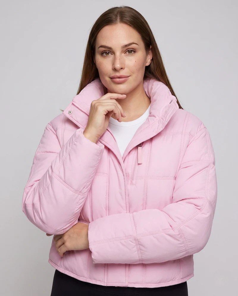 Damen kurze gepolsterte boxy gesteppte Jacke mit hohem Stehkragen, verdecktem Zwei-Wege-Reißverschluss und praktischen Seiten Taschen