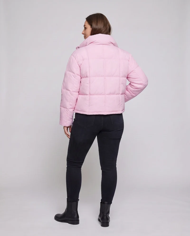 Damen kurze gepolsterte boxy gesteppte Jacke mit hohem Stehkragen, verdecktem Zwei-Wege-Reißverschluss und praktischen Seiten Taschen