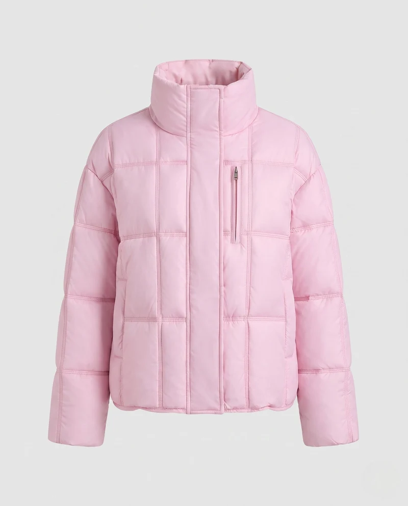 Damen kurze gepolsterte boxy gesteppte Jacke mit hohem Stehkragen, verdecktem Zwei-Wege-Reißverschluss und praktischen Seiten Taschen