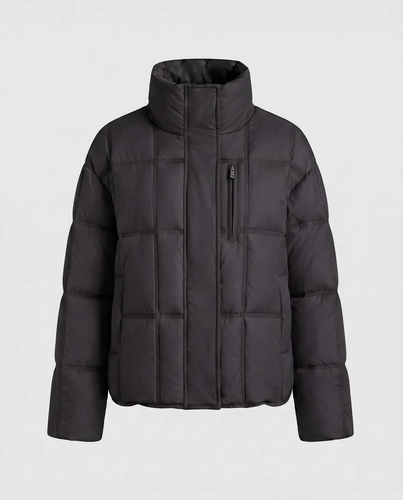 Damen kurze gepolsterte boxy gesteppte Jacke mit hohem Stehkragen, verdecktem Zwei-Wege-Reißverschluss und praktischen Seiten Taschen