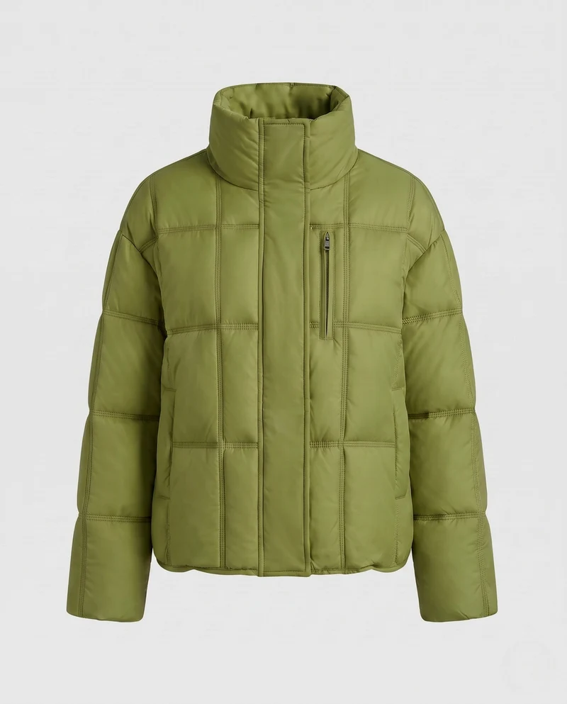 Damen kurze gepolsterte boxy gesteppte Jacke mit hohem Stehkragen, verdecktem Zwei-Wege-Reißverschluss und praktischen Seiten Taschen
