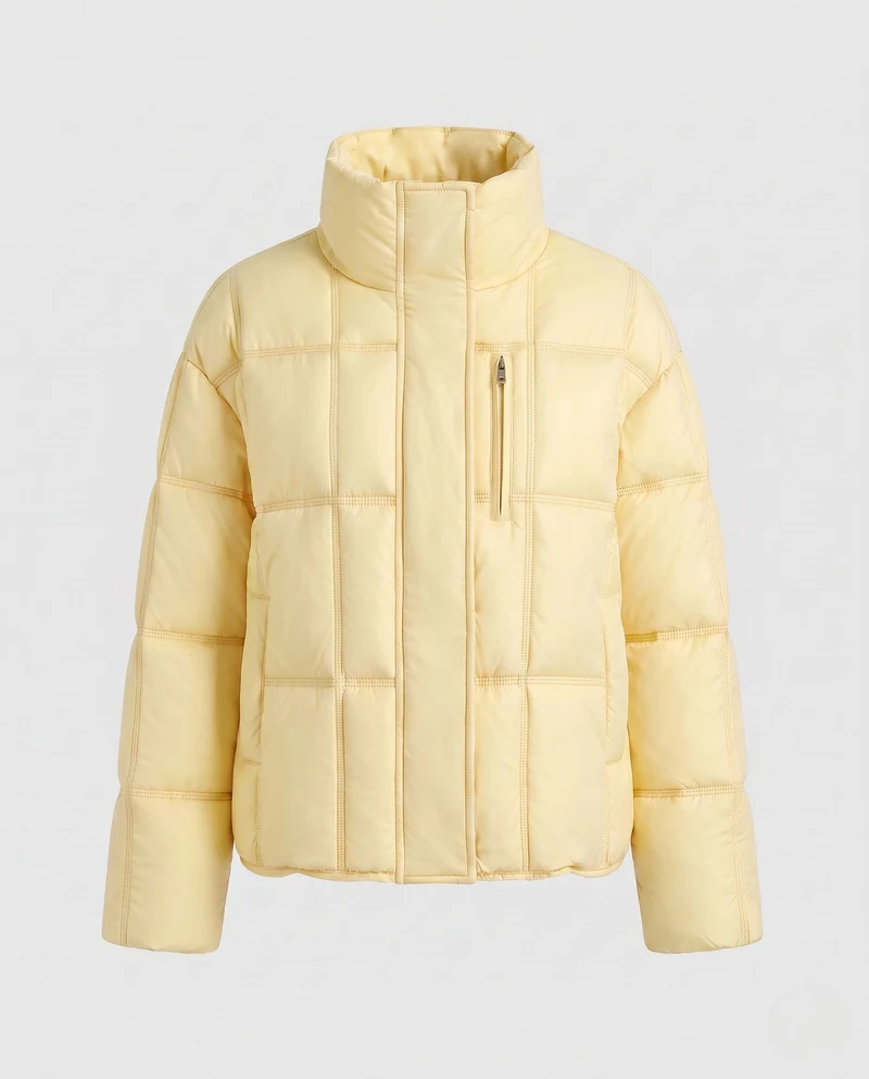 Damen kurze gepolsterte boxy gesteppte Jacke mit hohem Stehkragen, verdecktem Zwei-Wege-Reißverschluss und praktischen Seiten Taschen