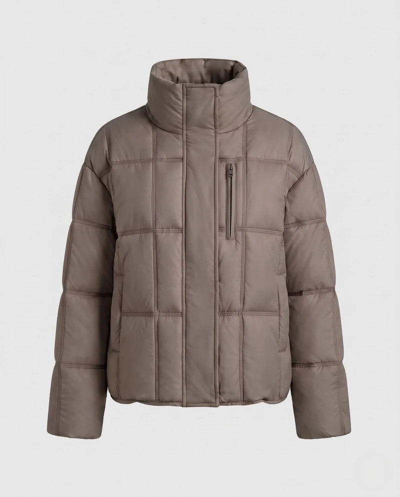 Damen kurze gepolsterte boxy gesteppte Jacke mit hohem Stehkragen, verdecktem Zwei-Wege-Reißverschluss und praktischen Seiten Taschen